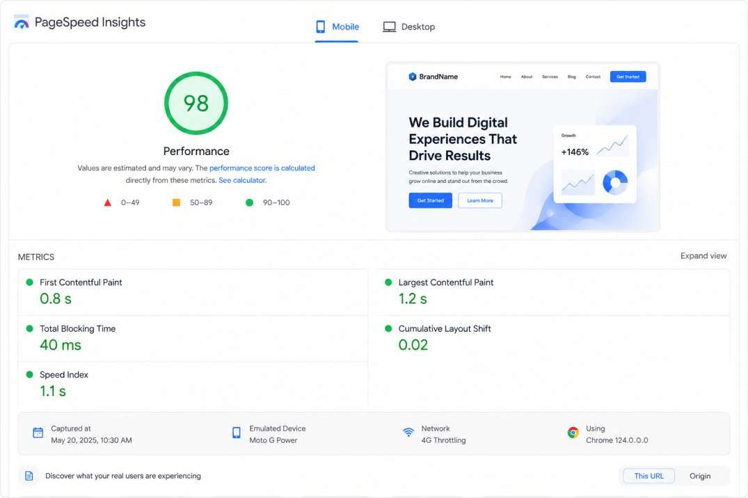 GTmetrix or PageSpeed Insights performance dashboard